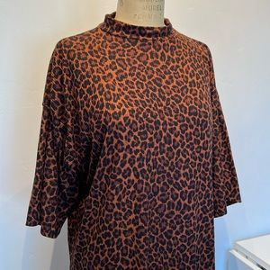 Leopard print rib knit dress with mock neck